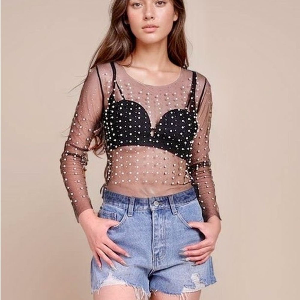 NWT Sweetkama Sheer Pearl Rhinestone Studded Mesh Crop Top Coffee Women Medium